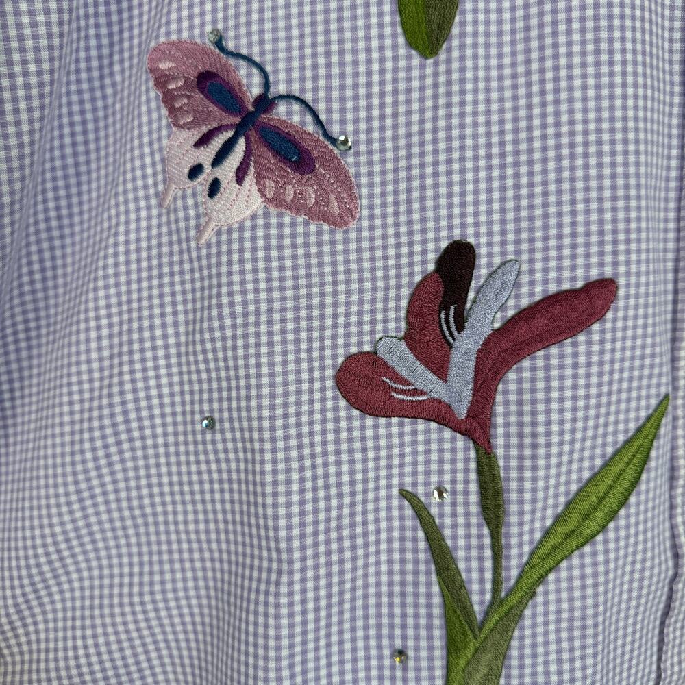 MILI DESIGNS Embroidered Blouse Top Womens Purple S Gingham Check Butterflies - Picture 7 of 9
